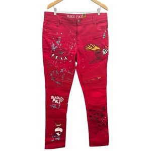NWT Black Pike Mens Red Moto Biker Jeans Graphic Print Slim Fit 36W 34L